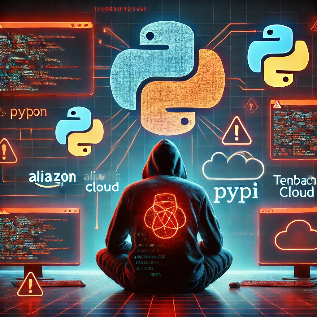 Illustrazione digitale che rappresenta una minaccia alla sicurezza nel Python Package Index (PyPI). Un hacker incappucciato lavora davanti a schermi pieni di avvisi rossi e codice malevolo, mentre un logo Python con uno scudo incrinato simboleggia una violazione della sicurezza. Intorno, icone di servizi cloud come AWS, Alibaba Cloud e Tencent Cloud indicano gli obiettivi dell'attacco.